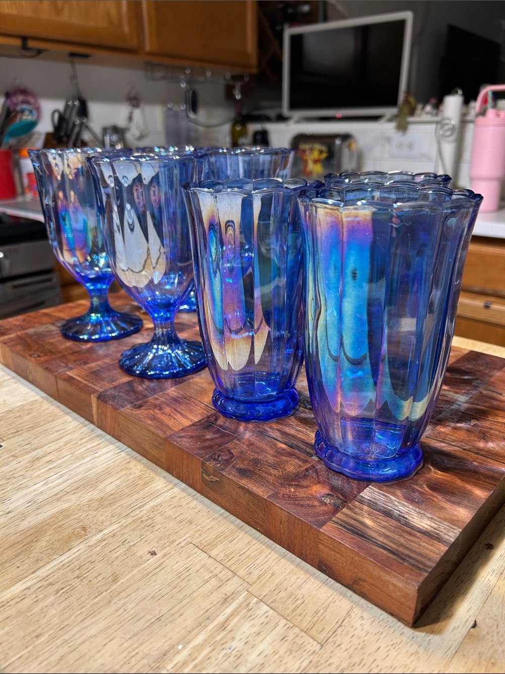 Pioneer Woman 7 Blue iridescent Decorative Glass Tumblers - 4 stem 3 drinking